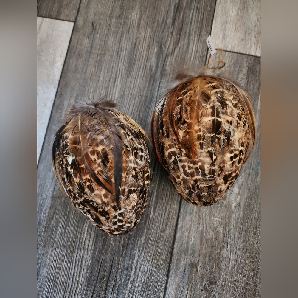 Lots of two 4" egg-shaped bird feathered tree ornaments